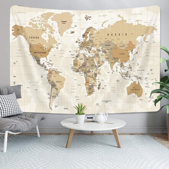 Old World Map Tapestry, Map of World Tapestry Wall Hanging for Kids Students, Vi - Picture 1 of 7